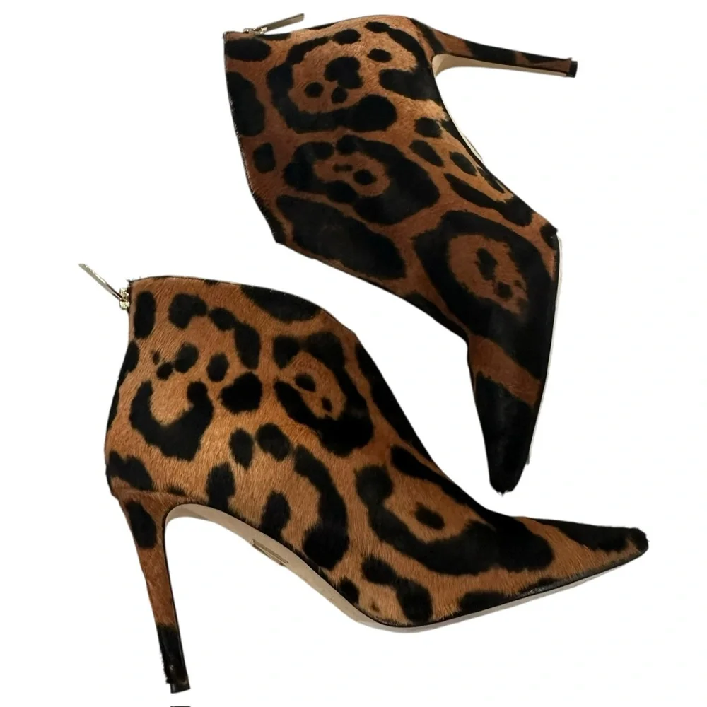 Tamara Mellon Charge Calf-Hair Leather Pointed Toe Leopard Ankle Boots, Size36.5